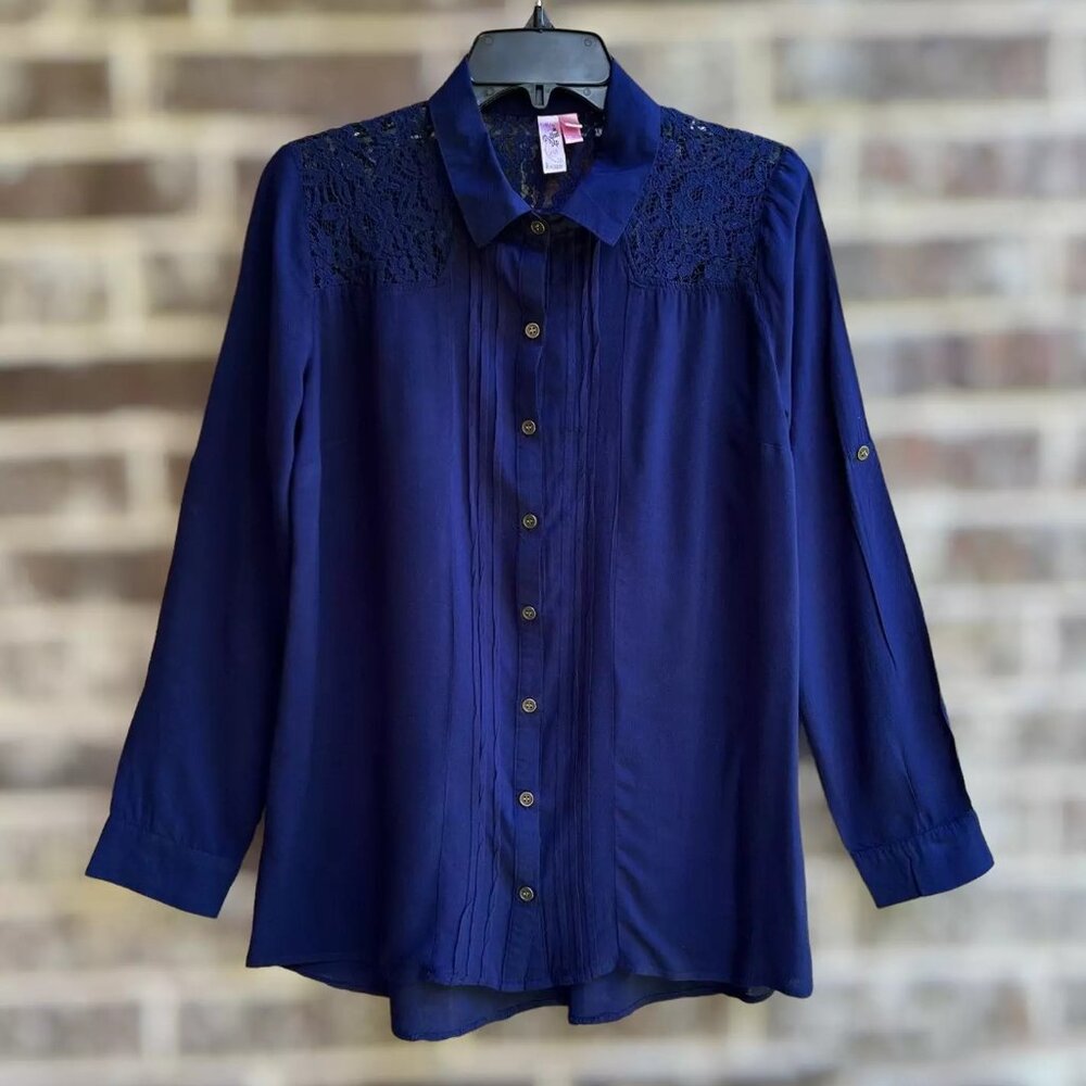 Dolled Up Women's Button Up Top Blouse Long Roll Tab Sleeves Lace Trim Size M